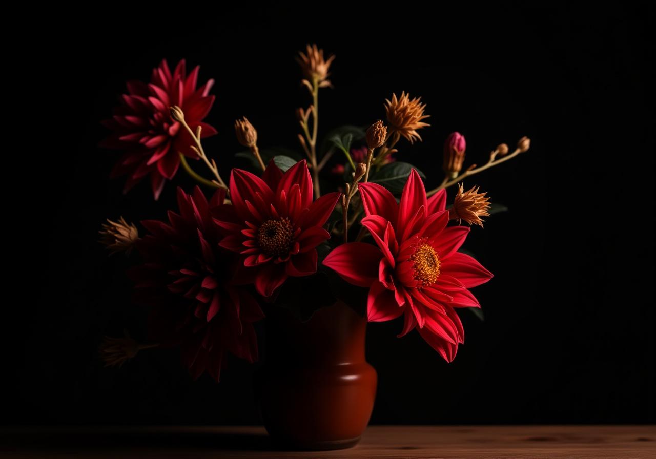 Deep red and amber floral arrangement with dried textures