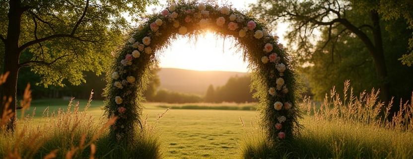 Whimsical floral archway for outdoor wedding